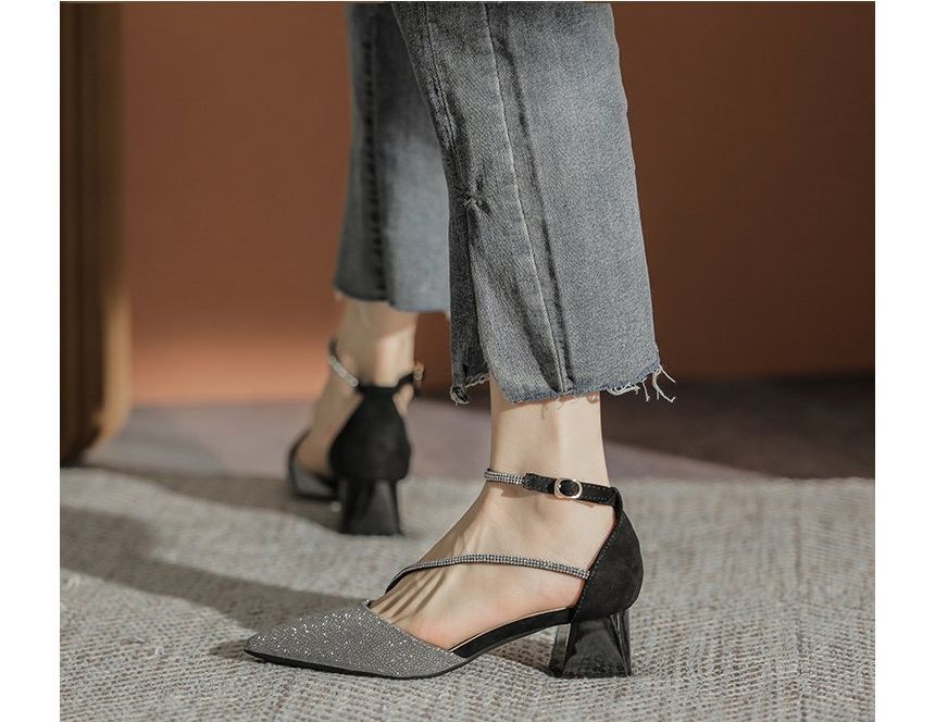 Heel Sandals Pointy Block Rhinestone