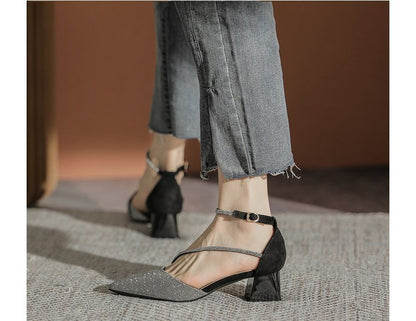 Heel Sandals Pointy Block Rhinestone