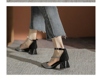 Heel Sandals Pointy Block Rhinestone