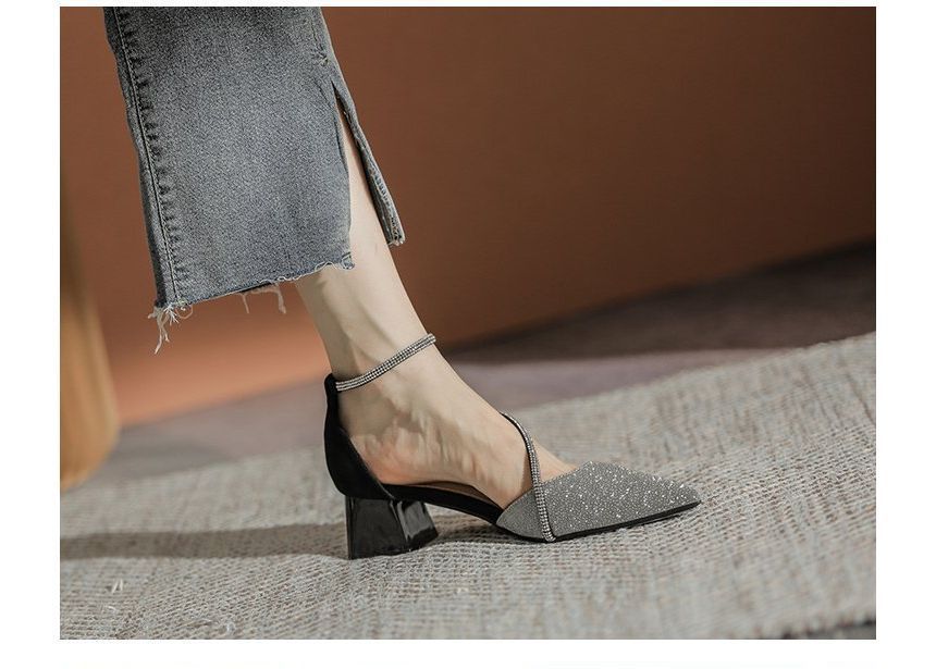 Heel Sandals Pointy Block Rhinestone