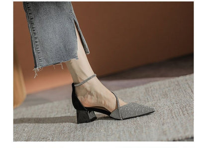 Heel Sandals Pointy Block Rhinestone