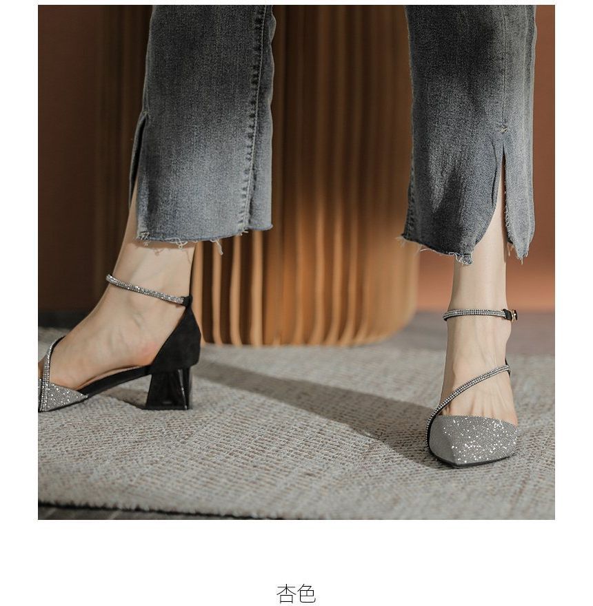 Heel Sandals Pointy Block Rhinestone