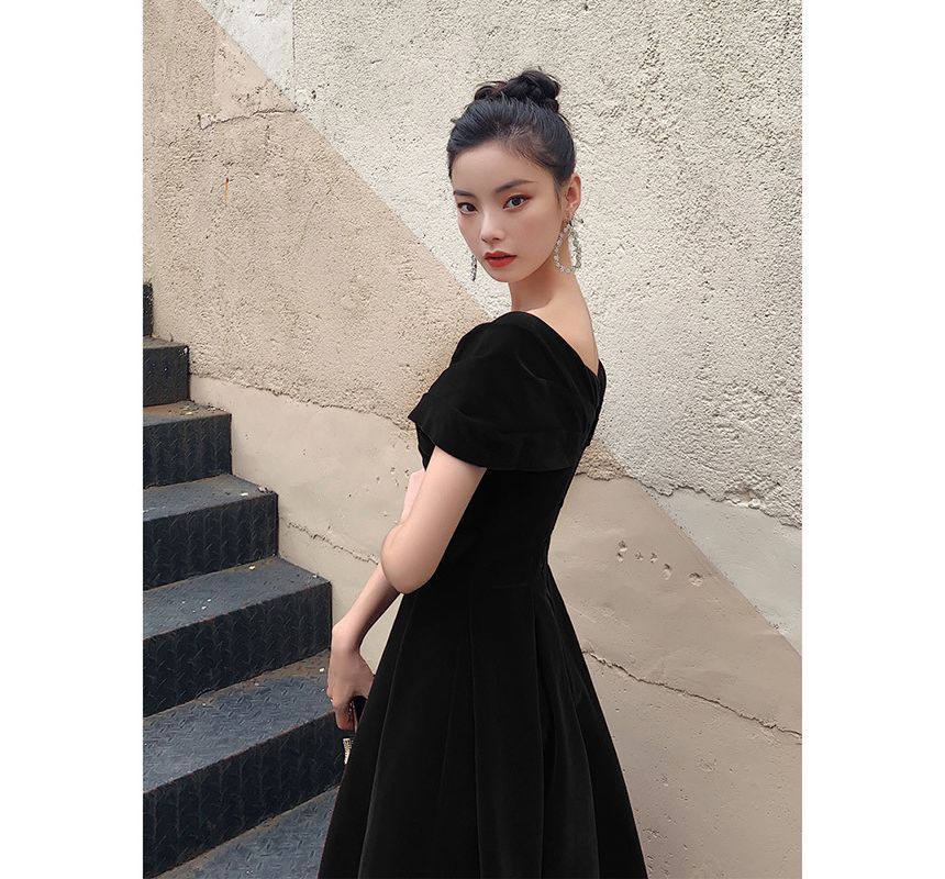 Off-Shoulder Plain Midi A-Line Cocktail Dress