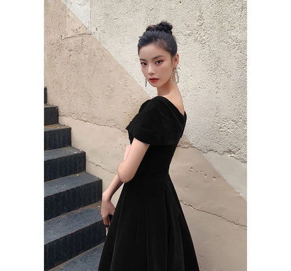 Off-Shoulder Plain Midi A-Line Cocktail Dress