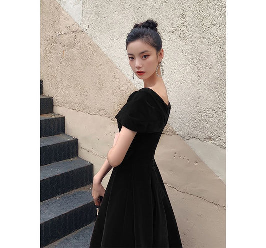 Off-Shoulder Plain Midi A-Line Cocktail Dress