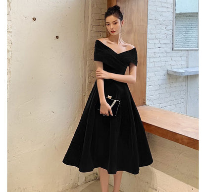 Off-Shoulder Plain Midi A-Line Cocktail Dress