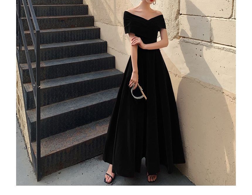 Off-Shoulder Plain Midi A-Line Cocktail Dress
