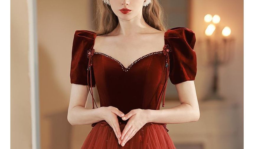 Short-Sleeve Mesh Panel A-Line Evening Gown