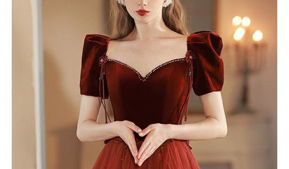 Short-Sleeve Mesh Panel A-Line Evening Gown