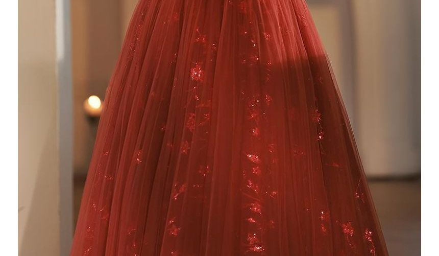 Short-Sleeve Mesh Panel A-Line Evening Gown