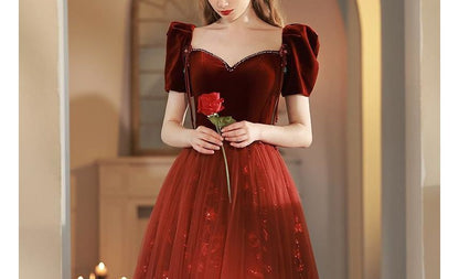 Short-Sleeve Mesh Panel A-Line Evening Gown