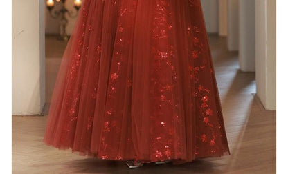 Short-Sleeve Mesh Panel A-Line Evening Gown