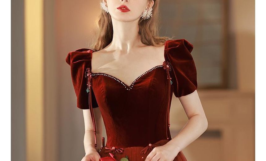 Short-Sleeve Mesh Panel A-Line Evening Gown