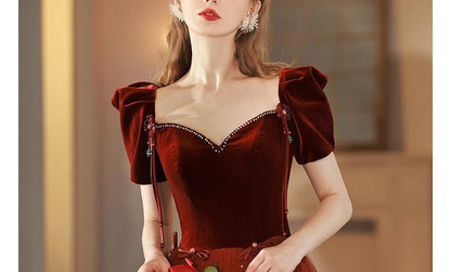 Short-Sleeve Mesh Panel A-Line Evening Gown