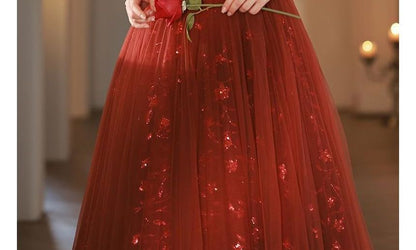 Short-Sleeve Mesh Panel A-Line Evening Gown