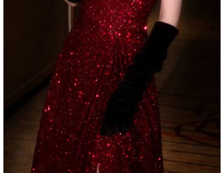 Off-Shoulder Sequin Slit A-Line Evening Gown