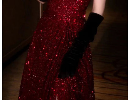 Off-Shoulder Sequin Slit A-Line Evening Gown