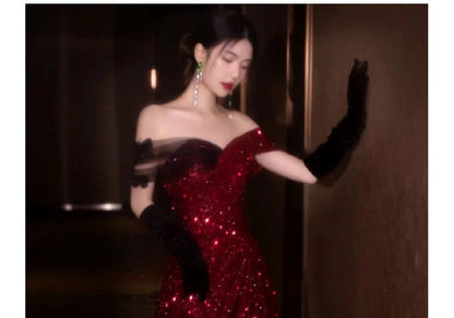 Off-Shoulder Sequin Slit A-Line Evening Gown