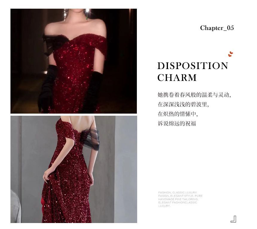 Off-Shoulder Sequin Slit A-Line Evening Gown