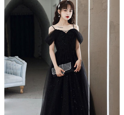 Plain Spaghetti A-Line Panel Strap Evening Gown Mesh