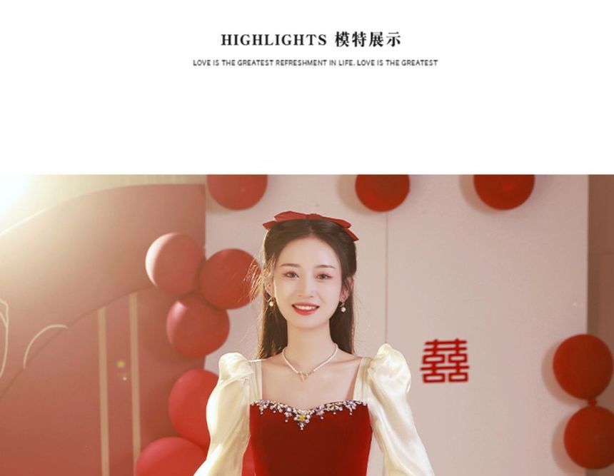 Long-Sleeve Two Tone Rhinestone Pleated A-Line Maxi Evening Dress / Midi Dress