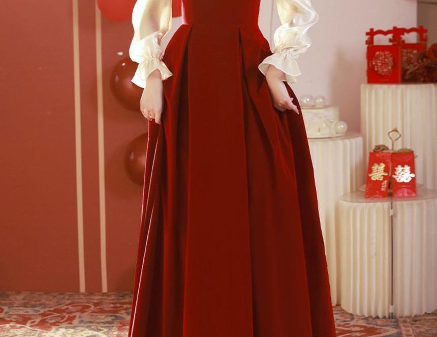 Long-Sleeve Two Tone Rhinestone Pleated A-Line Maxi Evening Dress / Midi Dress