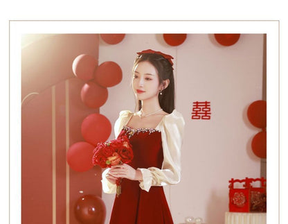 Long-Sleeve Two Tone Rhinestone Pleated A-Line Maxi Evening Dress / Midi Dress