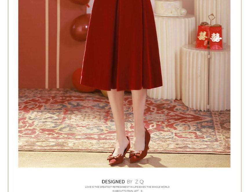 Long-Sleeve Two Tone Rhinestone Pleated A-Line Maxi Evening Dress / Midi Dress