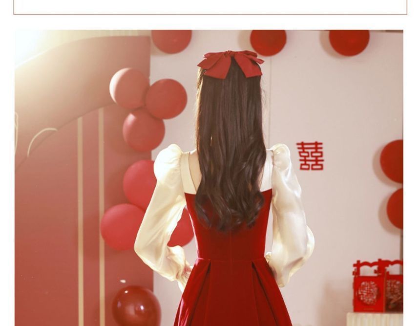 Long-Sleeve Two Tone Rhinestone Pleated A-Line Maxi Evening Dress / Midi Dress