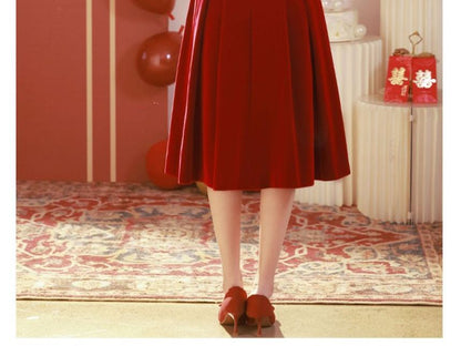 Long-Sleeve Two Tone Rhinestone Pleated A-Line Maxi Evening Dress / Midi Dress