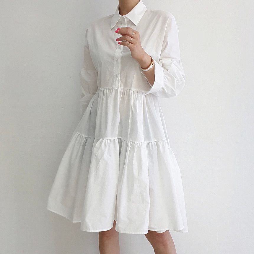 V-Neck Plain Slit Sweater Vest / Long-Sleeve Tiered A-Line Shirt Dress