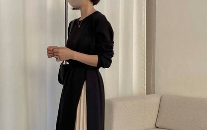 Mock Two-Piece Long-Sleeve Pleated Panel Midi A-Line Knit Dress