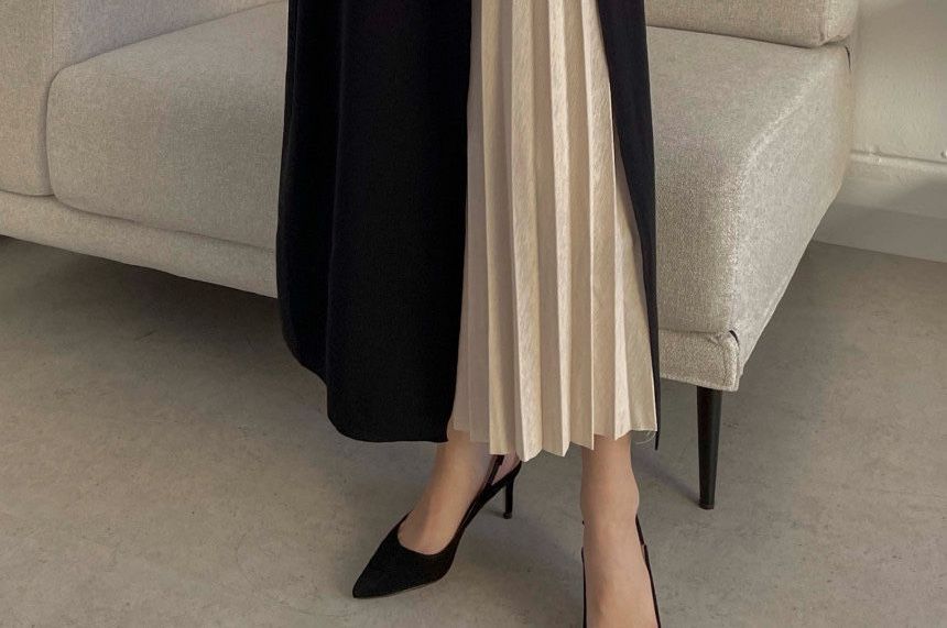 Mock Two-Piece Long-Sleeve Pleated Panel Midi A-Line Knit Dress