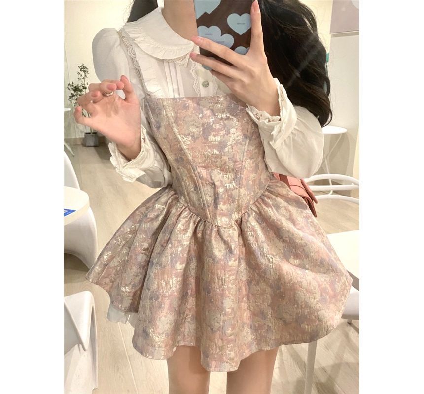 Frilled Collar Lace Blouse and Jacquard A-Line Dress