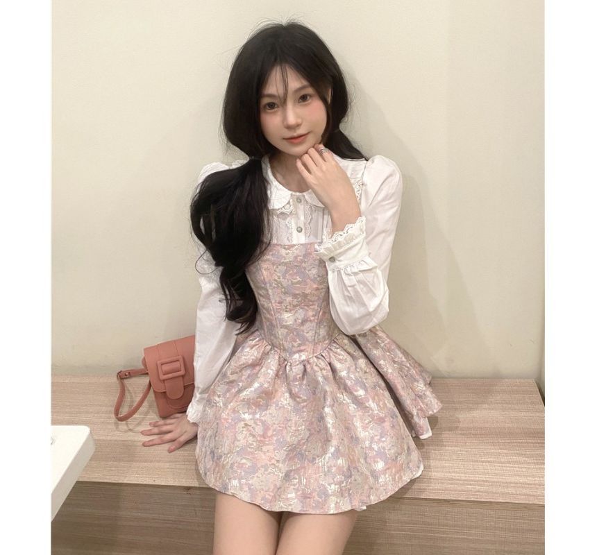 Frilled Collar Lace Blouse and Jacquard A-Line Dress