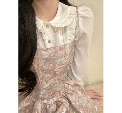 Frilled Collar Lace Blouse and Jacquard A-Line Dress