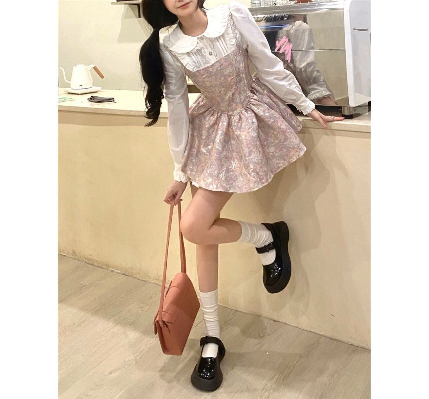 Frilled Collar Lace Blouse and Jacquard A-Line Dress