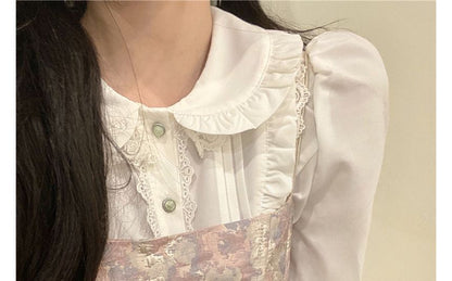 Frilled Collar Lace Blouse and Jacquard A-Line Dress