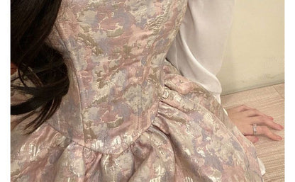 Frilled Collar Lace Blouse and Jacquard A-Line Dress