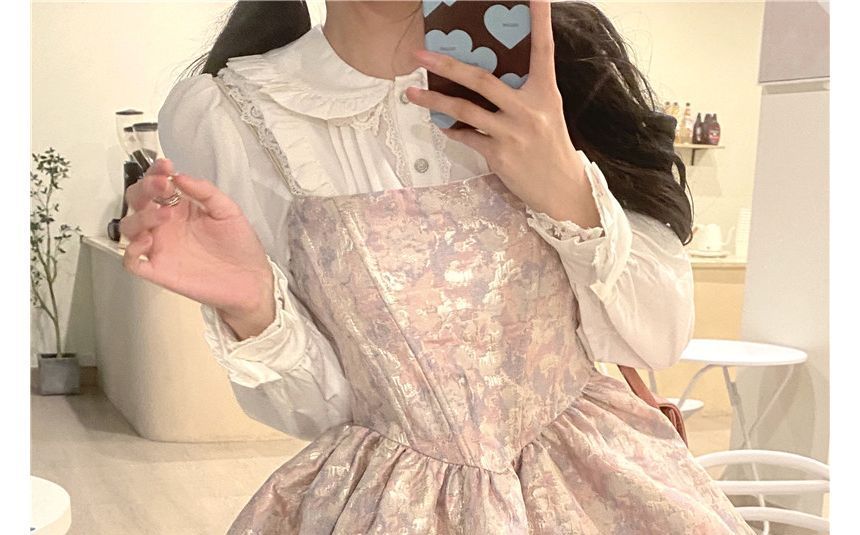 Frilled Collar Lace Blouse and Jacquard A-Line Dress