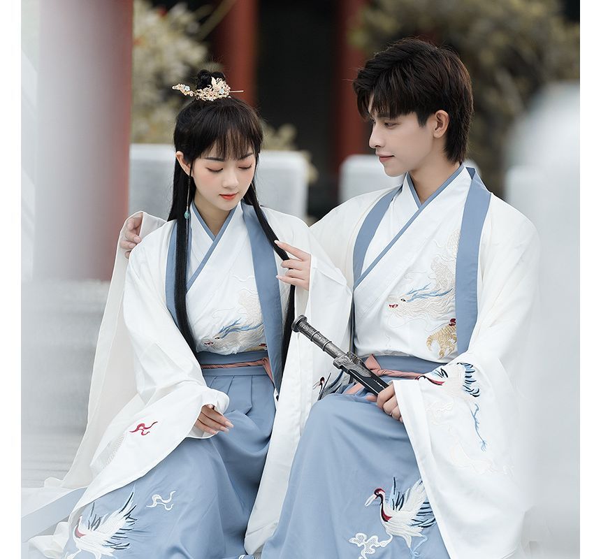 Couple Matching Crane Embroidered Hanfu Costume Set