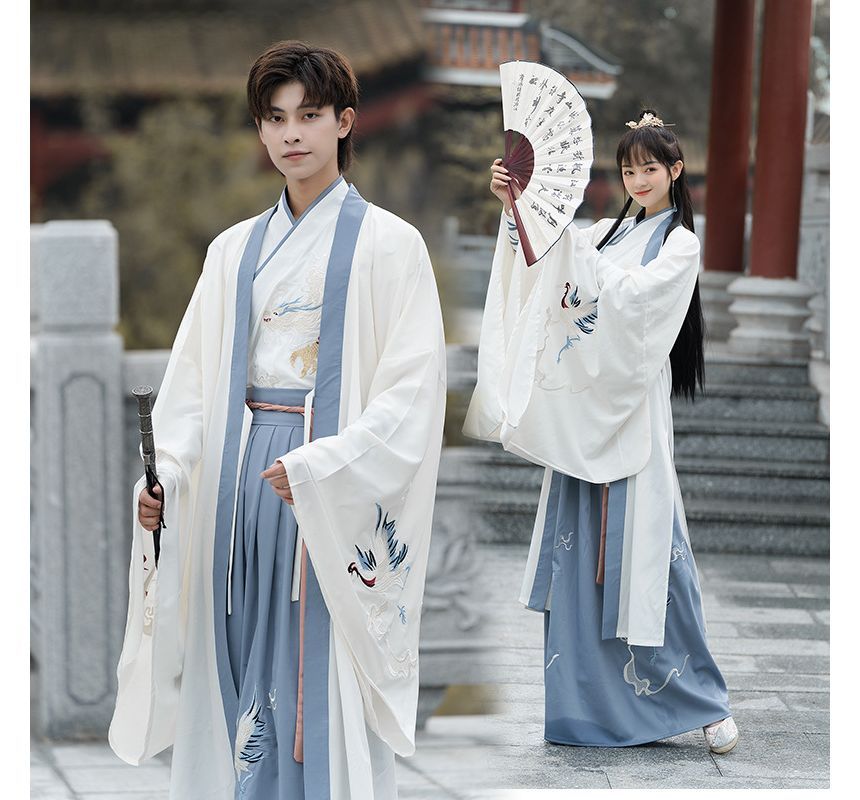 Couple Matching Crane Embroidered Hanfu Costume Set