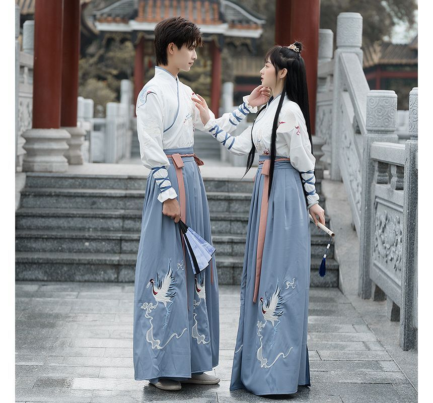 Couple Matching Crane Embroidered Hanfu Costume Set