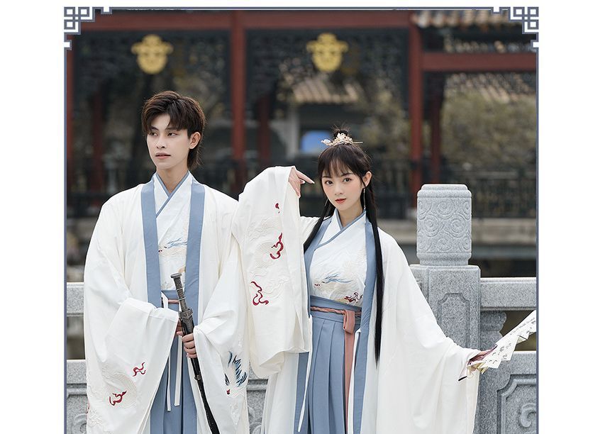 Couple Matching Crane Embroidered Hanfu Costume Set