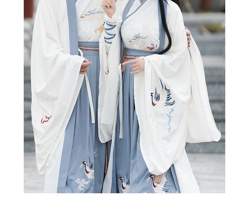 Couple Matching Crane Embroidered Hanfu Costume Set