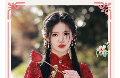 Short-Sleeve Lace Faux Pearl Midi Qipao