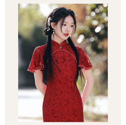 Short-Sleeve Lace Faux Pearl Midi Qipao