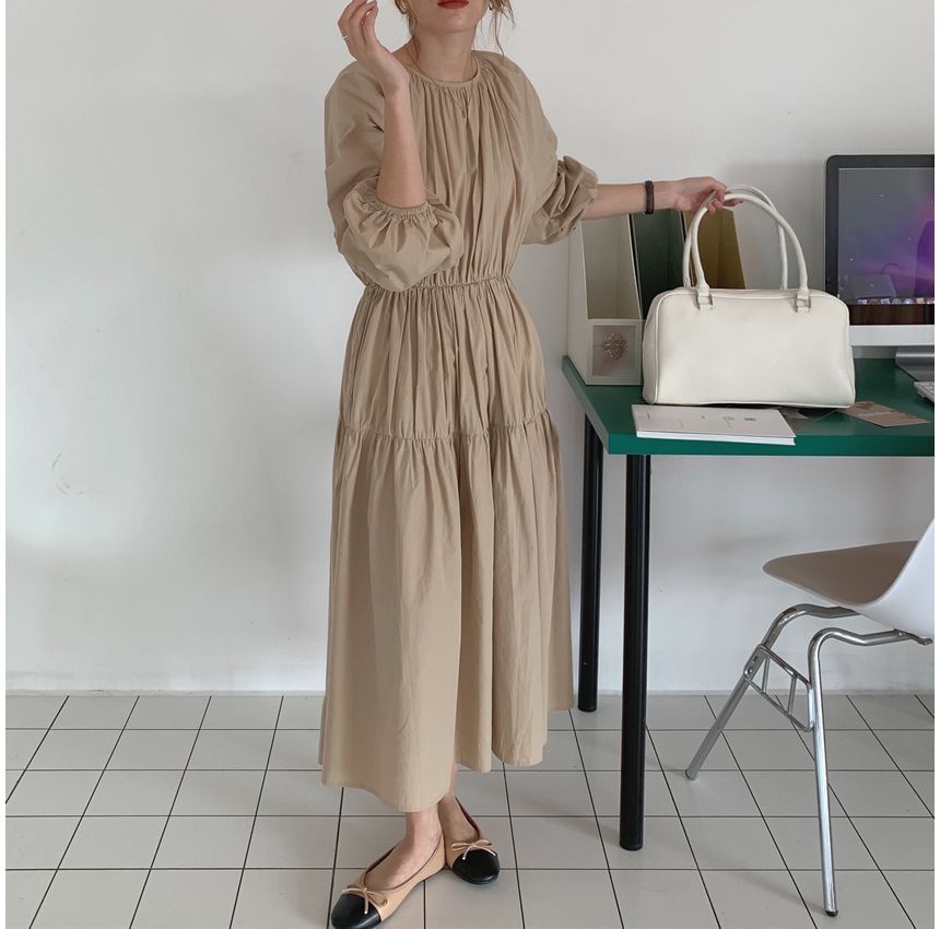 Long-Sleeve Crew Neck Plain Tiered Midi A-Line Dress