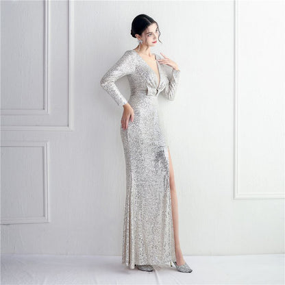 Mesh Panel Slit Gown Deep Evening Sequin Mermaid Plunge Long-Sleeve