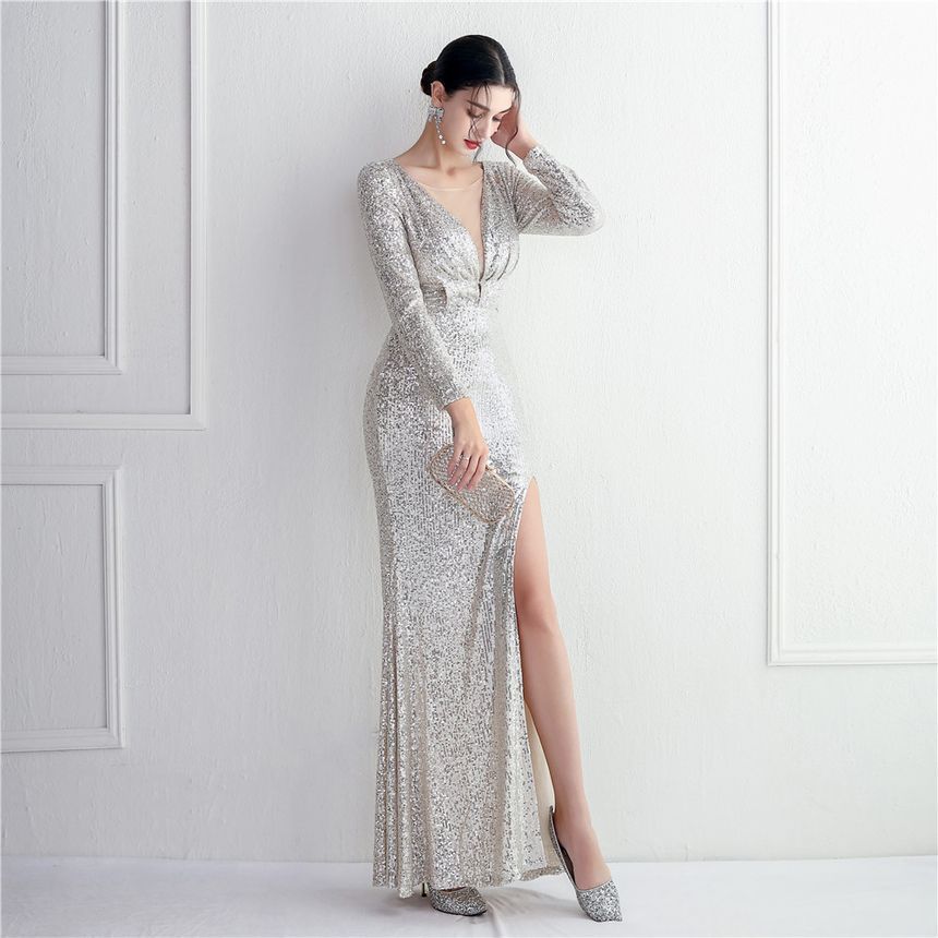 Mesh Panel Slit Gown Deep Evening Sequin Mermaid Plunge Long-Sleeve